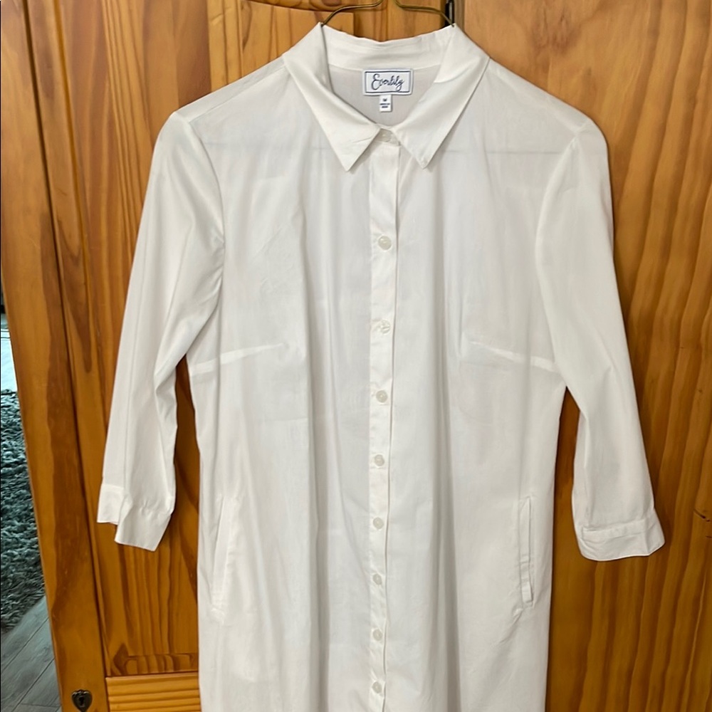 EVERLILY RUFFLE-BACK SHIRT DRESS WOMENS M WHITE 69%-COTTON BUTTON FRONT POCKETS